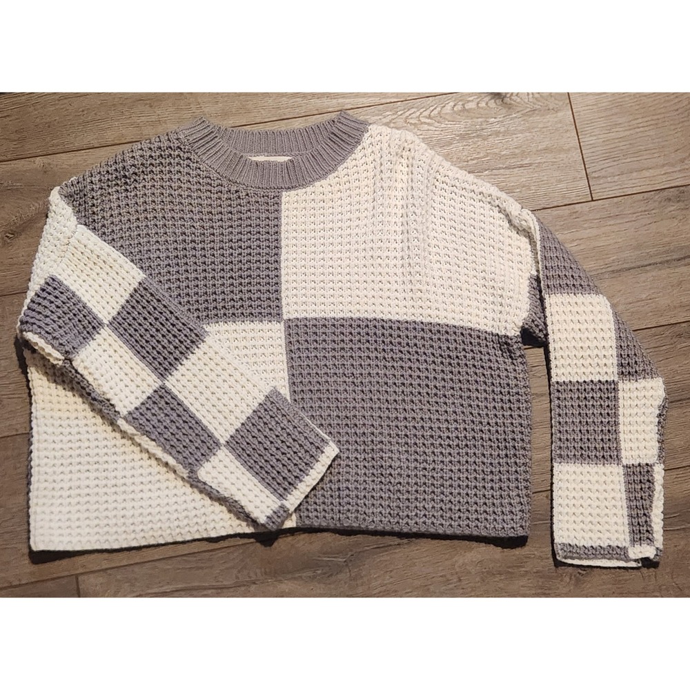 Moon & Madison Grey White Checkerboard Colorblock Waffle Knit Sweater XS NWOT